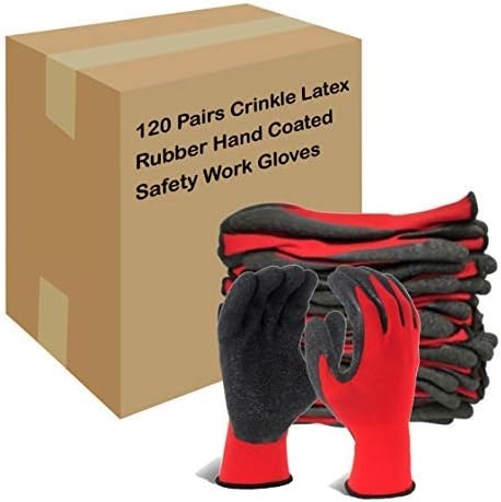 EvridWear Crinkle Latex Rubber Hand Coated Safety Work Gloves for Men Women General Multi Use Construction Warehouse Gardening Assembly Landscaping (XS-Size) Red 120 Pairs Pack