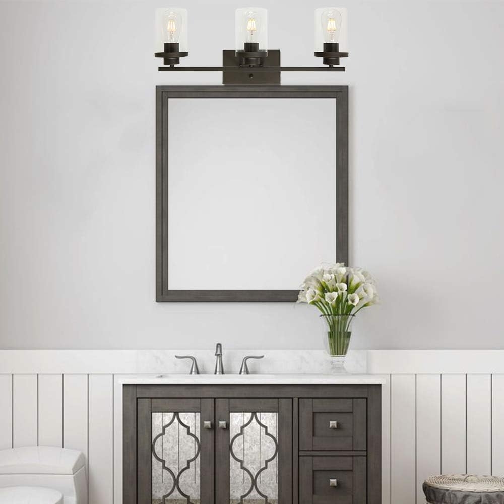 QueeuQ Bathroom Vanity Lighting Farmhouse 3-Light with Clear Glass Shade Oil Rubbed Bronze Finished Industrial Bathroom Sconces Lighting Over Mirror Wall Mount Light Fixture for Living Room Kitchen