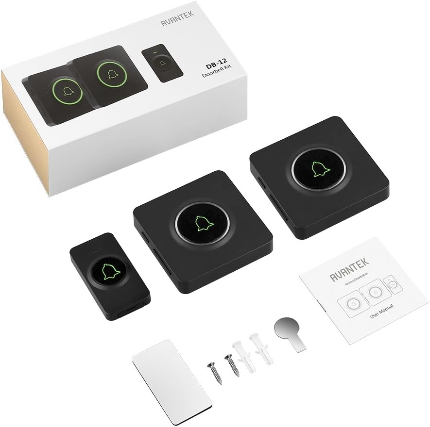Wireless Doorbell, AVANTEK DB-12 Waterproof Door Chime Kit Operating at Over 1300 Feet with 2 Plug-In Receivers, 52 Melodies, 5 Volume Levels, CD Quality Sound and LED Flash