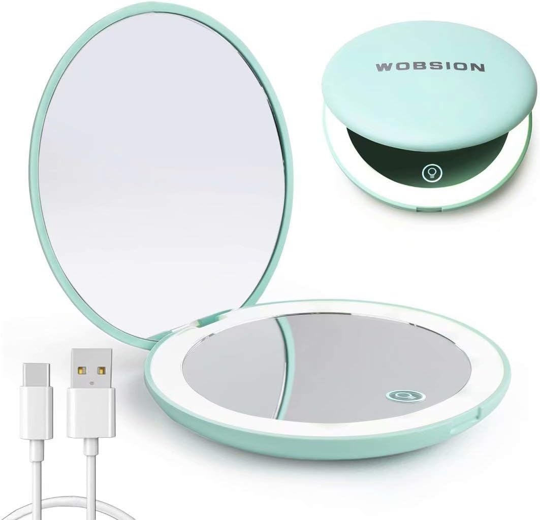 wobsion Led Compact Mirror, Rechargeable 1x/10x Magnification Compact Mirror, Dimmable Small Travel Makeup Mirror,Pocket Mirror for Handbag,Purse,Handheld 2-Sided Mirror,,Gifts for Girls,Cyan