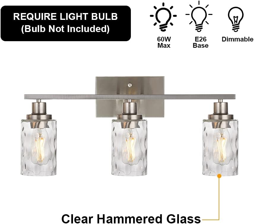 Banato Lighting 3-Light Modern Bathroom Lighting Fixtures Over Mirror Brushed Nickel Finished, Industrial Vanity Lights Wall Mount for Bathroom Mirror Cabinet Dressing Table, Hammered Glass Shade