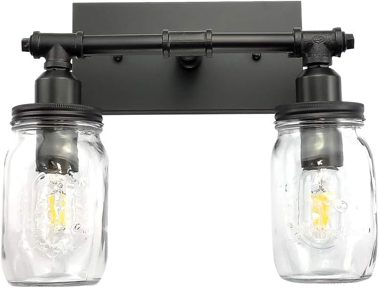 LMSOD Bathroom Wall Light Fixtures, Industrial Mason Jar Vanity Light, Wall Sconce with Black Finish (2 Lights)