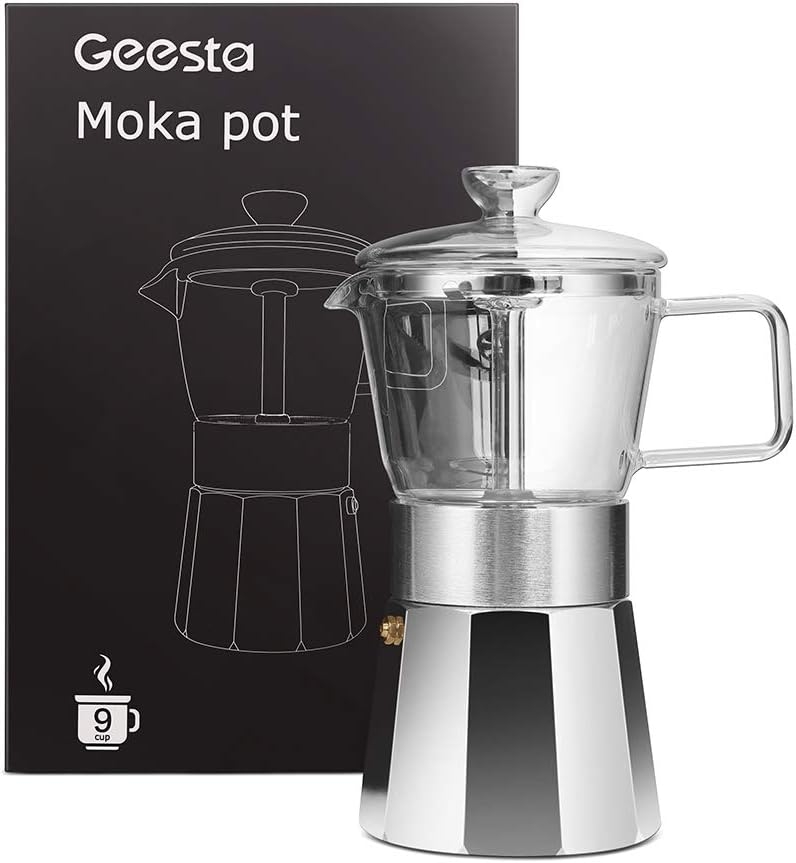 GEESTA Premium Crystal Glass-Top Stovetop Espresso Moka Pot - 9 cup - Coffee Maker, 360ml/12.7oz/9 cup (espresso cup=40ml)