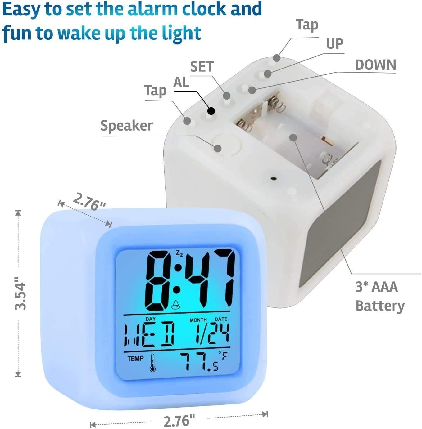 Alarm Clock Kids Wake Up Easy Setting Digital Travel for Boys Girls, Large Display Time/Date/Alarm with Snooze, Bedside Clock Handheld Sized, LED Night Light Clock - Best Gift for Kids