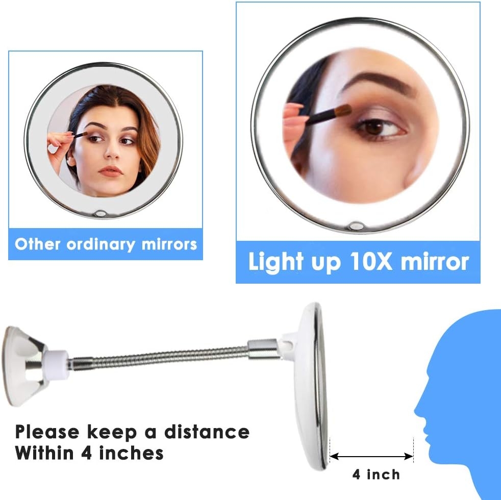 Magnifying Makeup Mirror Flexible Goose Neck LED Lighted with with Strong Suction Cup, Bright Diffused Light and 360 Degree Rotation Portable Cordless for Travel and Home Round Shape Makeup Mirror