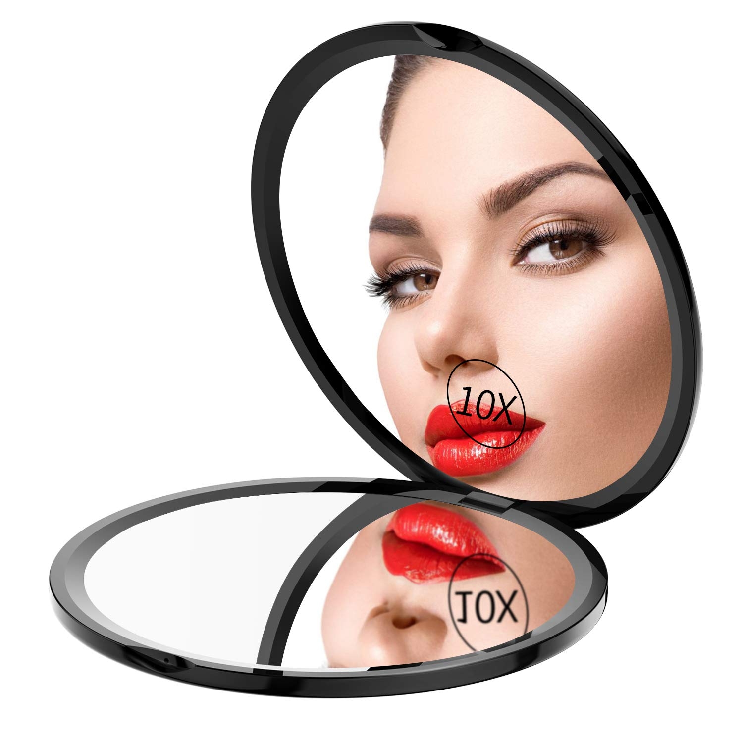 Gospire Pocket Makeup Mirror for Travel, 1X/10X Double Sided Magnifying Compact Handbag Cosmetic Mirror, 4 Inch Ultra-Thin Handheld Round Foldable Portable Mirror for Women (Black)