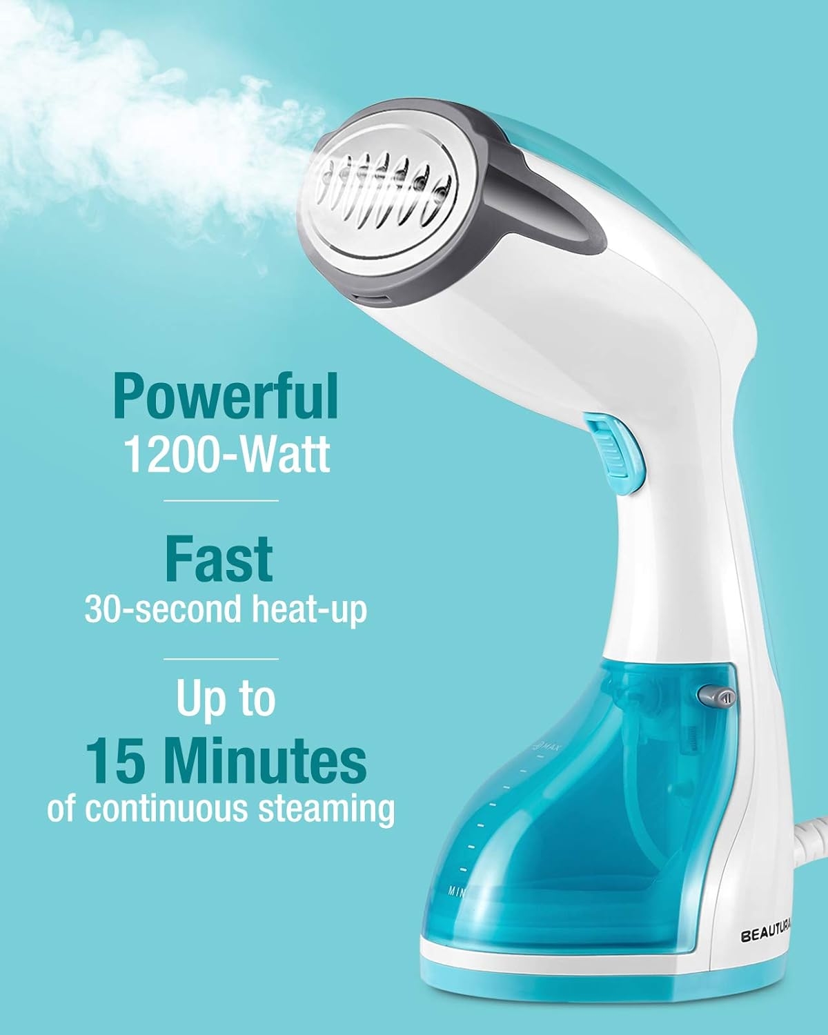 BEAUTURAL Steamer for Clothes with Pump Steam Technology, Portable Handheld Garment Fabric Wrinkles Remover, 30-Second Fast Heat-up, Auto-Off, Large Detachable Water Tank