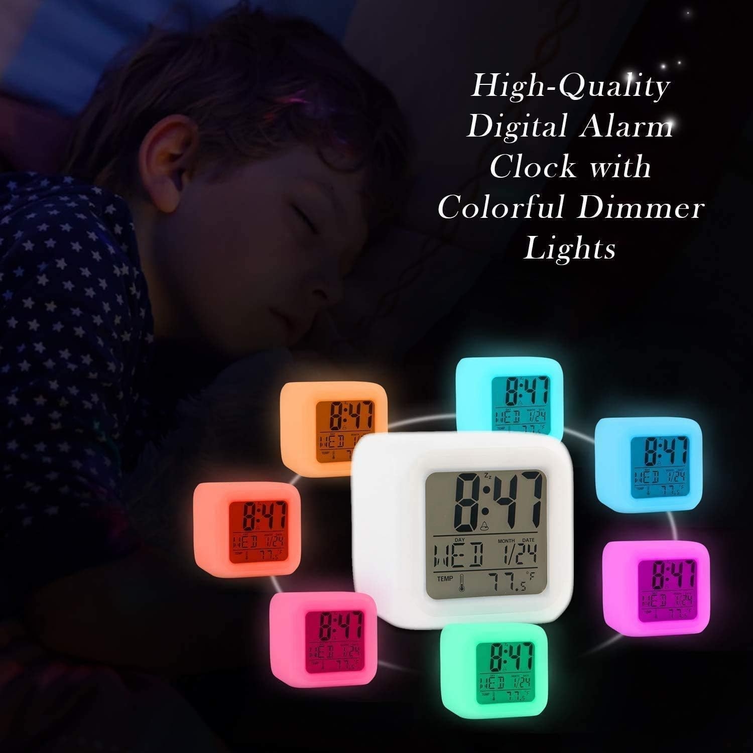 Alarm Clock Kids Wake Up Easy Setting Digital Travel for Boys Girls, Large Display Time/Date/Alarm with Snooze, Bedside Clock Handheld Sized, LED Night Light Clock - Best Gift for Kids