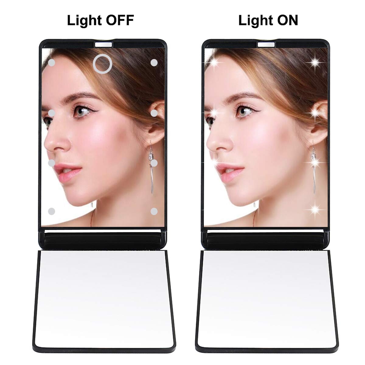 Travel Mirror, Portable LED Lighted Makeup Mirror with 8 Dimmable Led Lights, Touch Switch Travel Makeup Mirror, Folding Compact Mirror 1X & 2X Magnification