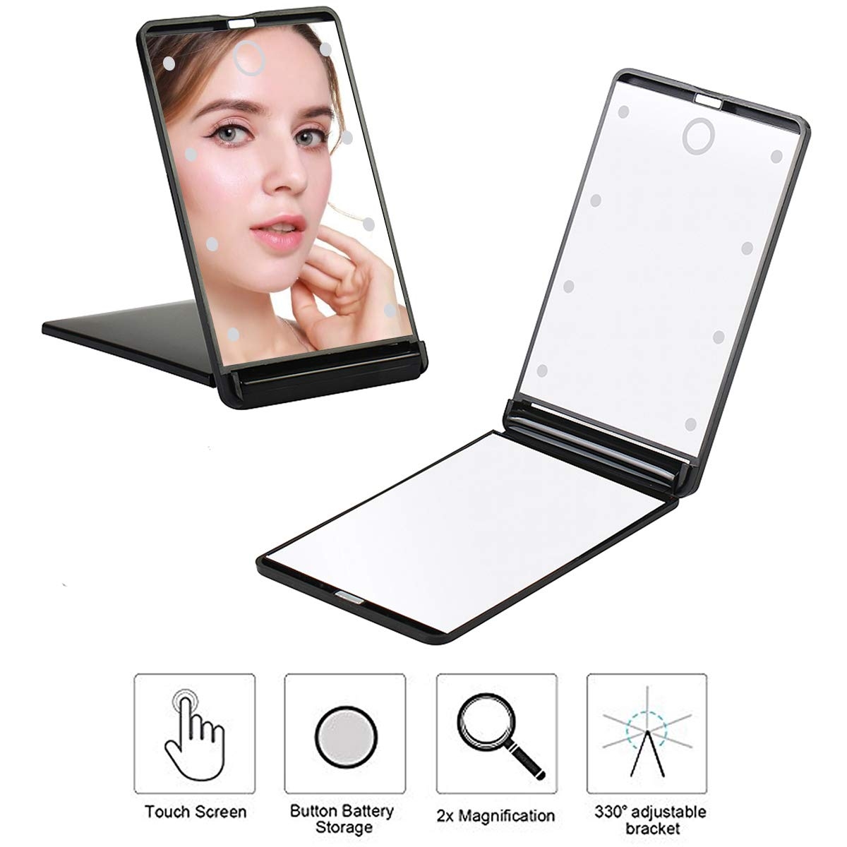 Travel Mirror, Portable LED Lighted Makeup Mirror with 8 Dimmable Led Lights, Touch Switch Travel Makeup Mirror, Folding Compact Mirror 1X & 2X Magnification