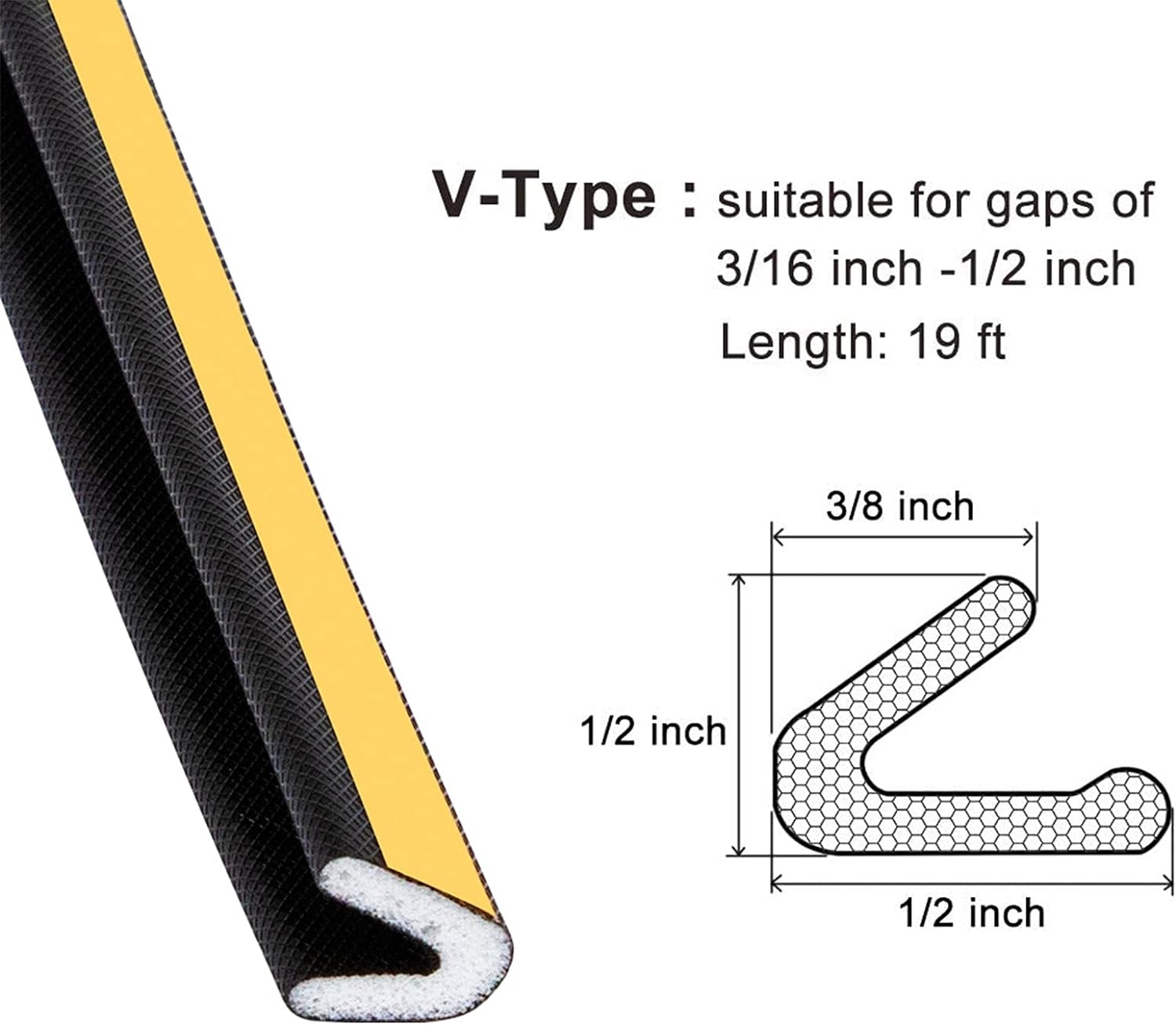V Shape Weather Stripping Black, 1/2 Inch Wide X 19 Feet Long, Adhesive Weather Strip Door Frame Seal PU Foam Strip Weather Seal Door Insulation Anti Collision Soundproof