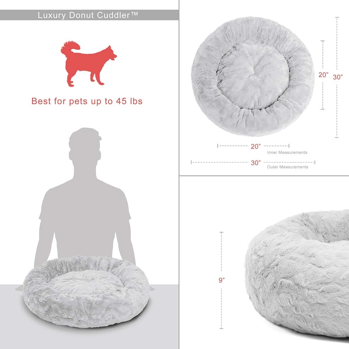 Best Friends by Sheri The Original Calming Donut Cat and Dog Bed in Lux Fur, Machine Washable Removable Zipper Cover, Orthopedic Relief, for Pets up to 45 lbs. - Medium 30"X30" in Gray