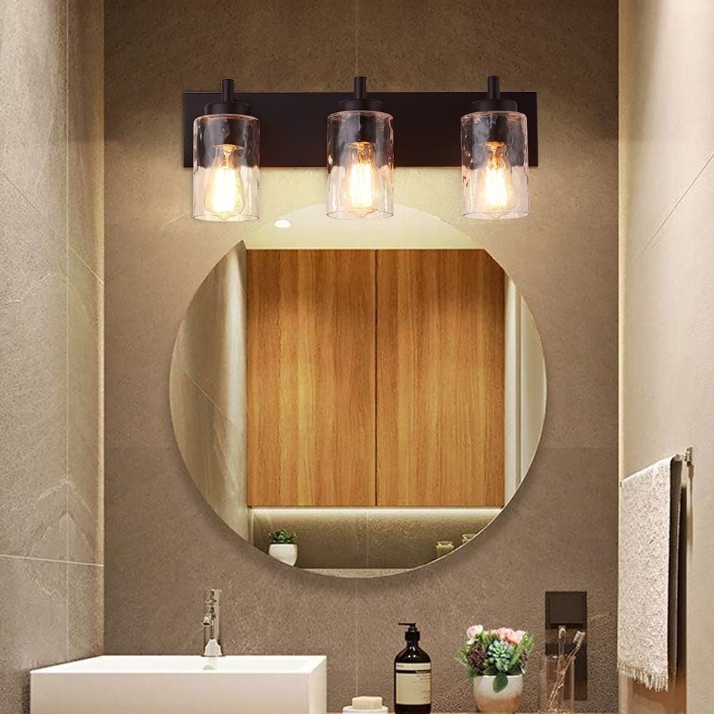 LHLYCLX Black Wall Scones, Bubble Seeded Glass Farmhouse Bathroom Vanity Light Fixtures Above Mirror (3-Light)