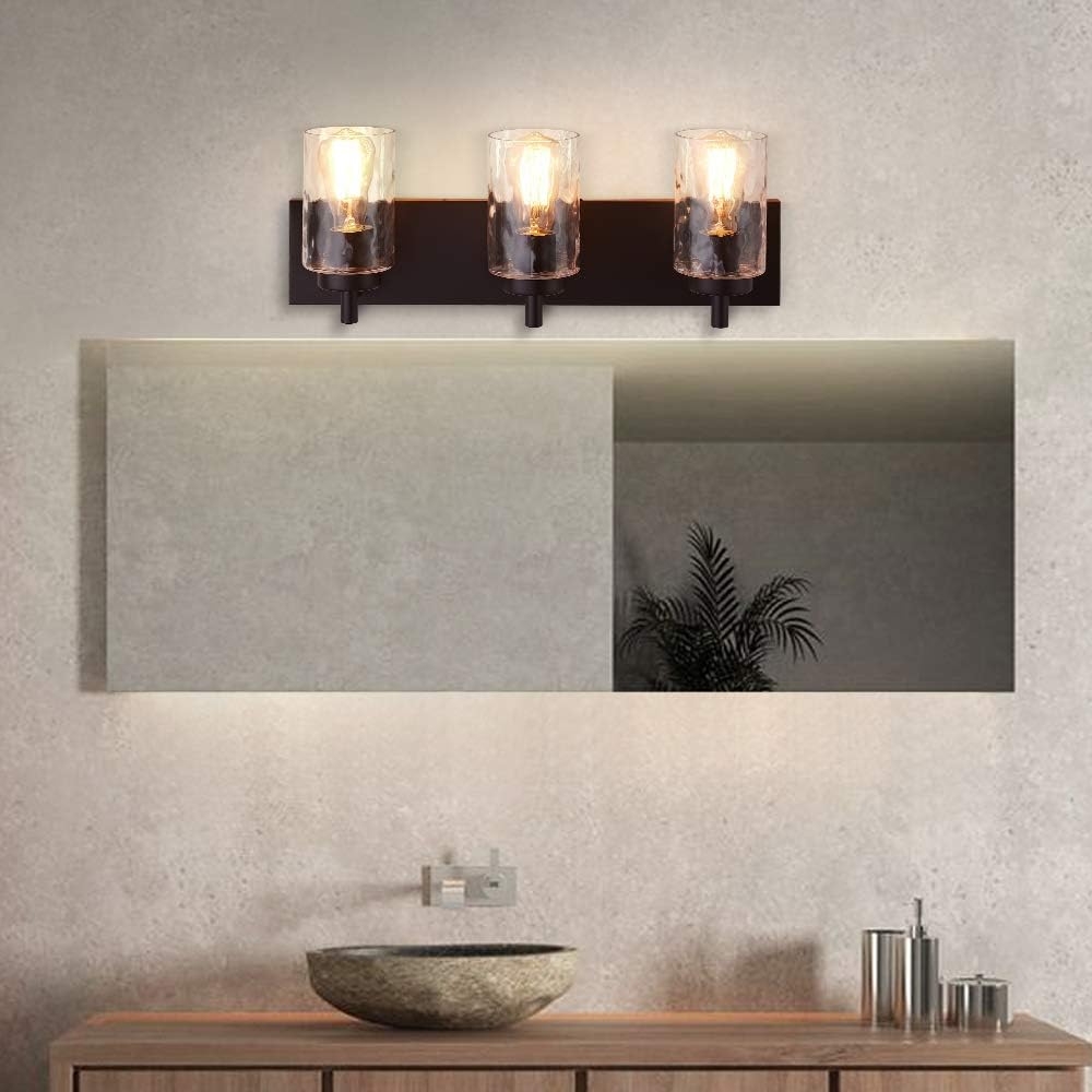LHLYCLX Black Wall Scones, Bubble Seeded Glass Farmhouse Bathroom Vanity Light Fixtures Above Mirror (3-Light)