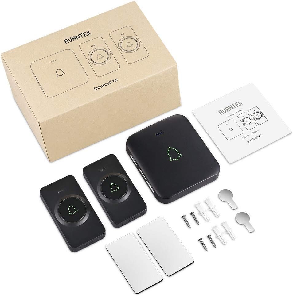 Wireless Door Bell, AVANTEK CB-21 Mini Waterproof Wireless Doorbell Operating at Over 1000 Feet, 2 Remote Buttons Can Have Different Tones, 52 Melodies, CD Quality Sound and LED Flash