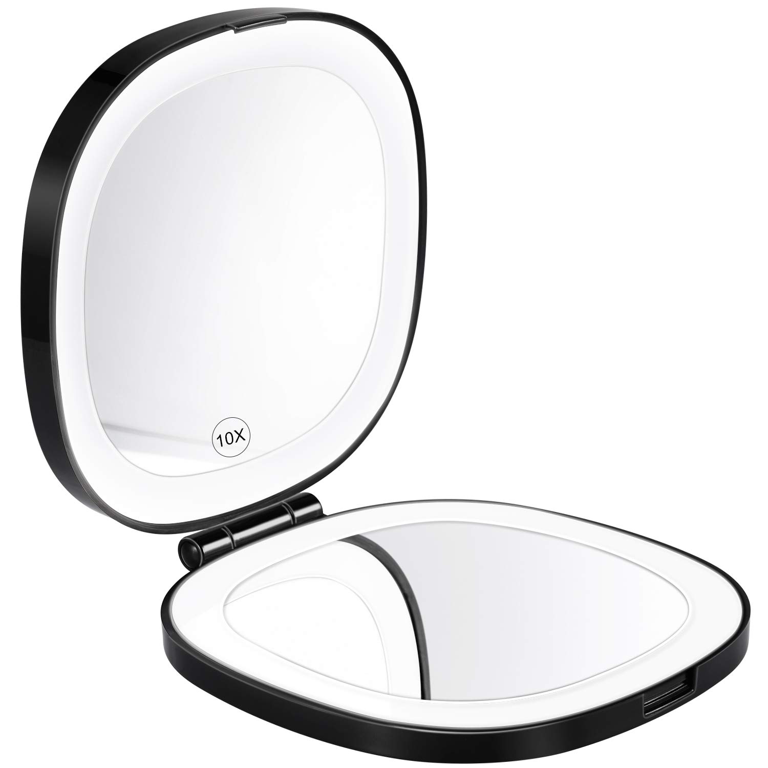 KEDSUM Lighted Travel Makeup Mirror, 1X/10X Magnifying Compact Mirror with Rechargeable LED Lights, Dimmable Double Sided Folding Mirror, Portable, Large, Daylight, USB Charging (Black)