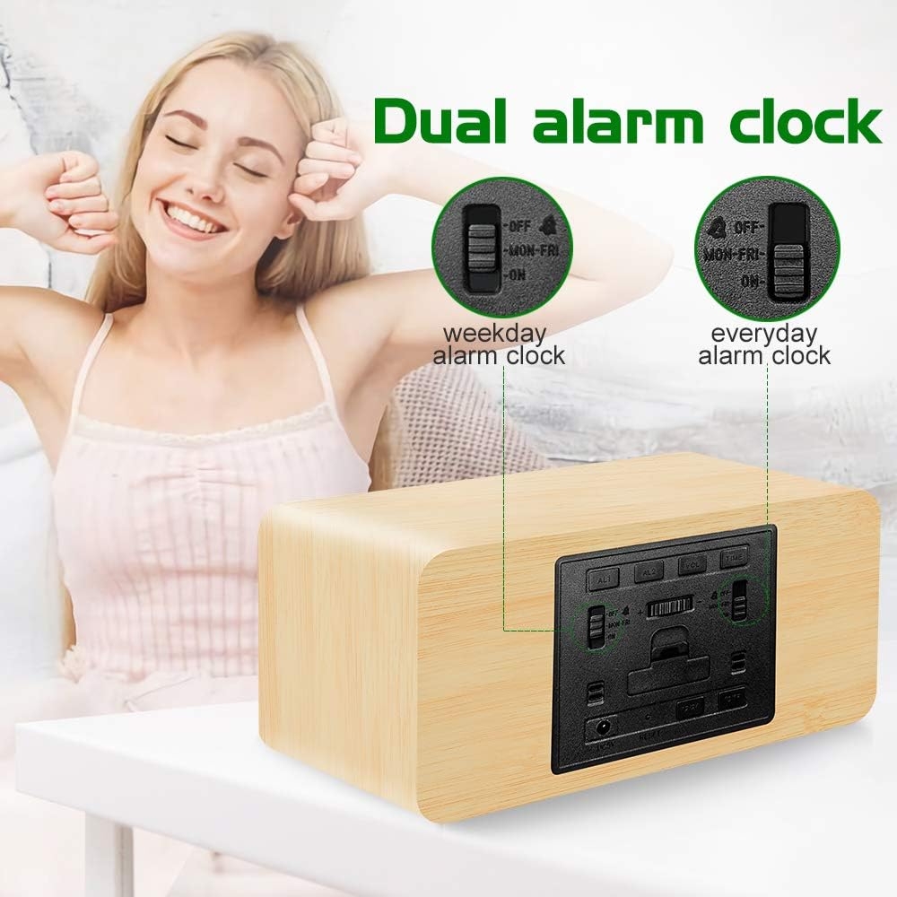 MOSITO Digital Wooden Alarm Clock with Wireless Charging, 0-100% Dimmer, Dual Alarm, Weekday /Weekend Mode, Snooze, Wood LED Clocks for Bedroom, Bedside, Desk, Kids (Bamboo)