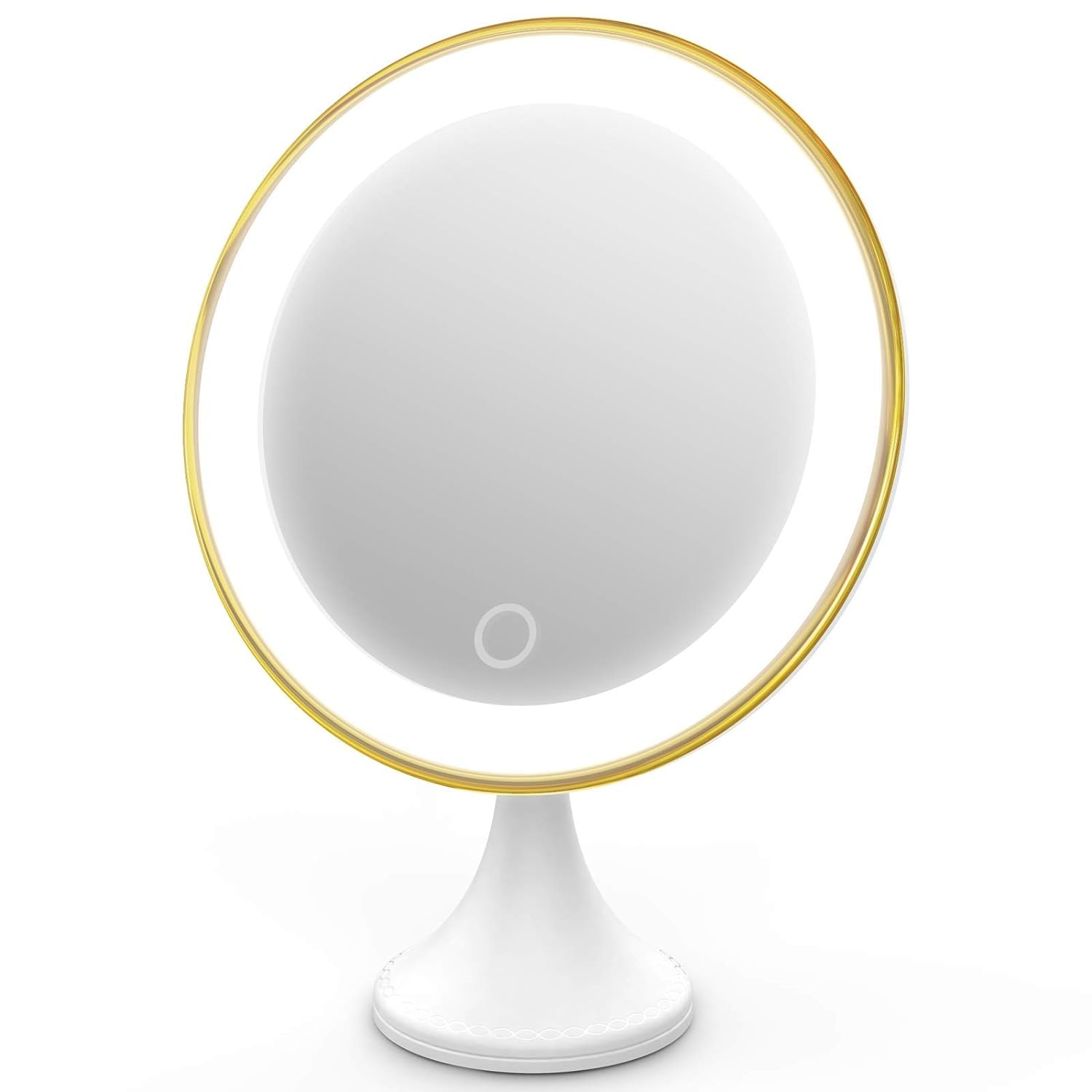 10x Magnifying Makeup Mirror with Lights, 360°Swivel, 3 Colors Adjustable, Screen Touch Button, Portable, with Reusable Bottom Sticker, for Desk/Bathroom/Wall (Gold)