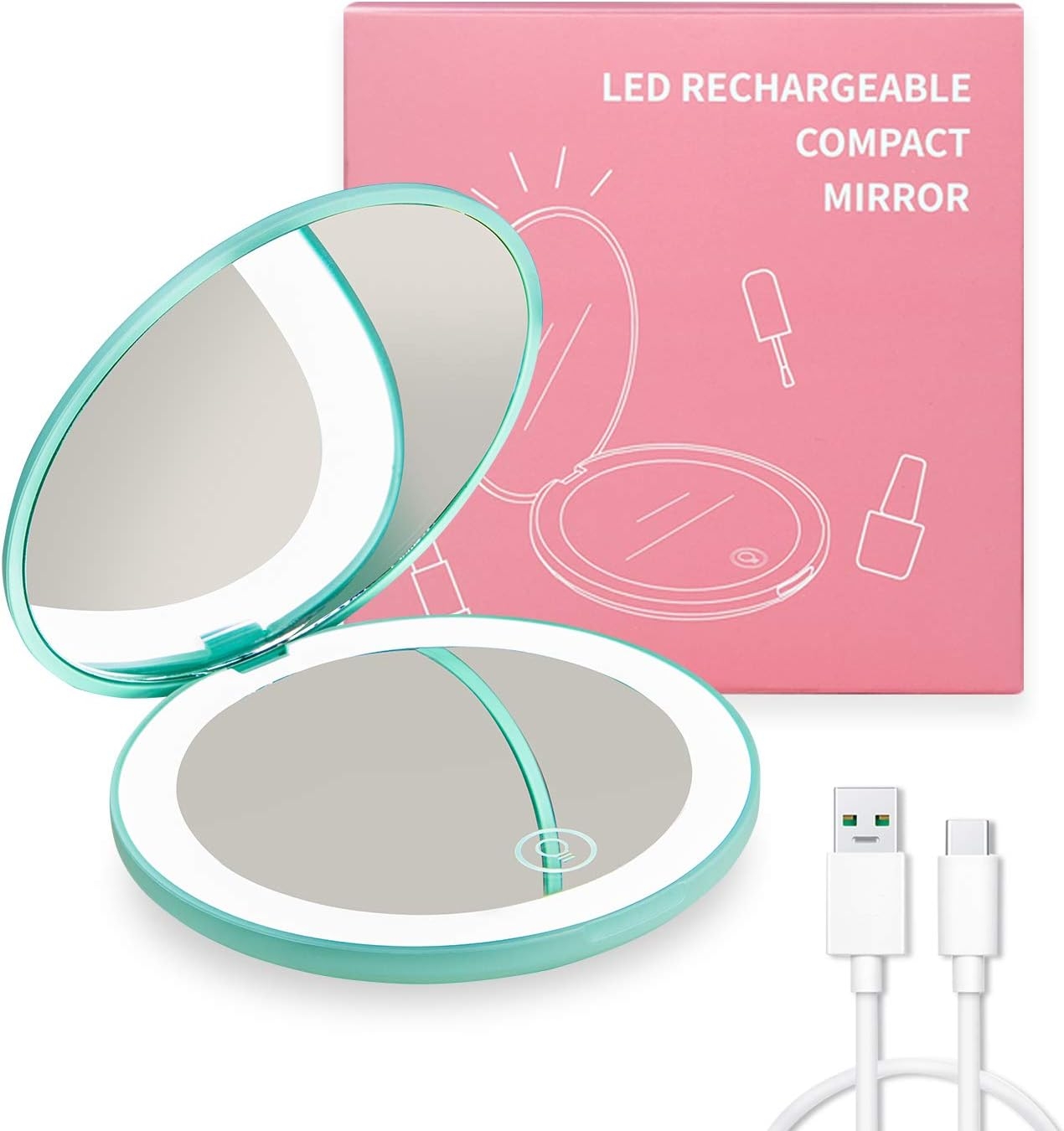 Kintion LED Compact Mirror,Rechargeable Compact Mirror with Light,1x/10x Magnification Dimmable Small Lighted Travel Makeup Mirror for Purse,Pocket,Gift,Touch Switch,Daylight,Portable Folding Handheld