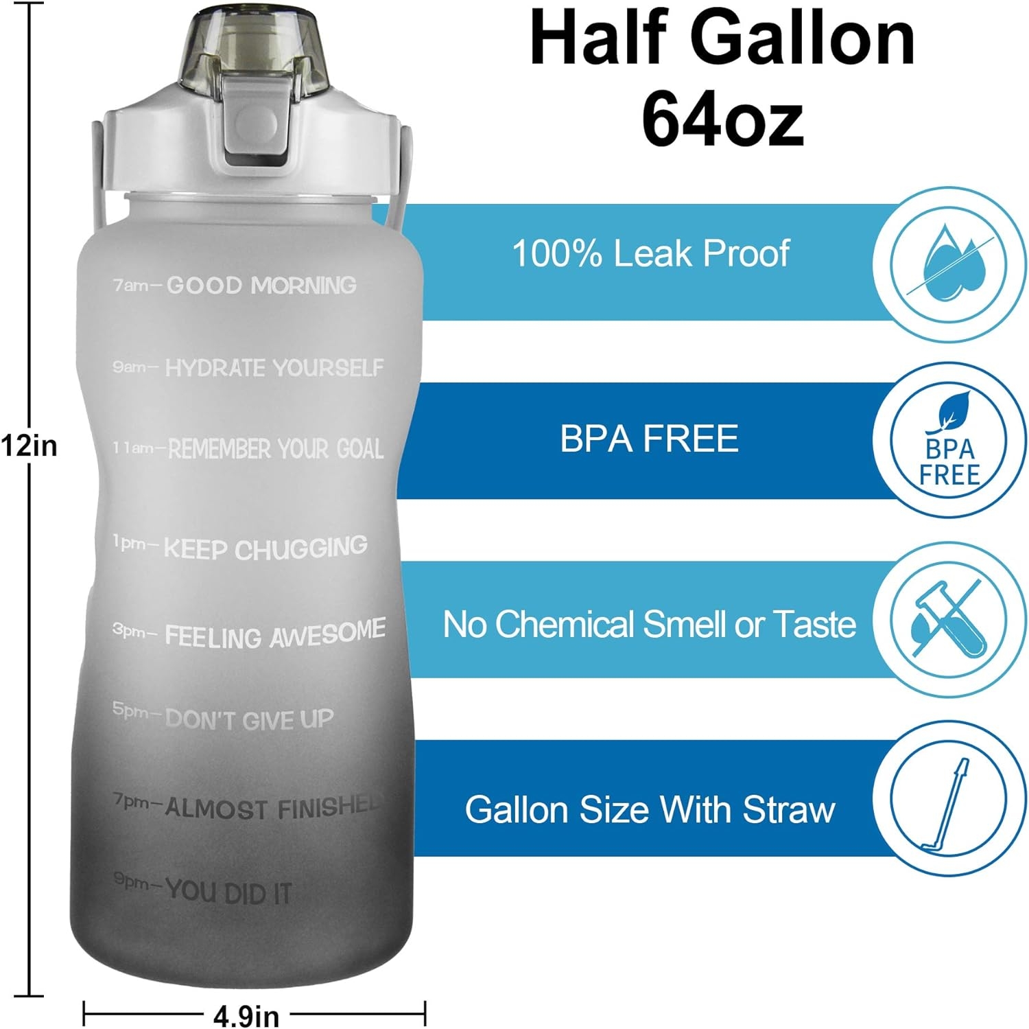 64oz Leakproof Free Drinking Water Bottle with Motivational Time Marker BPA Free for Fitness, Gym and Outdoor Sports (Black/Gray Gradient)