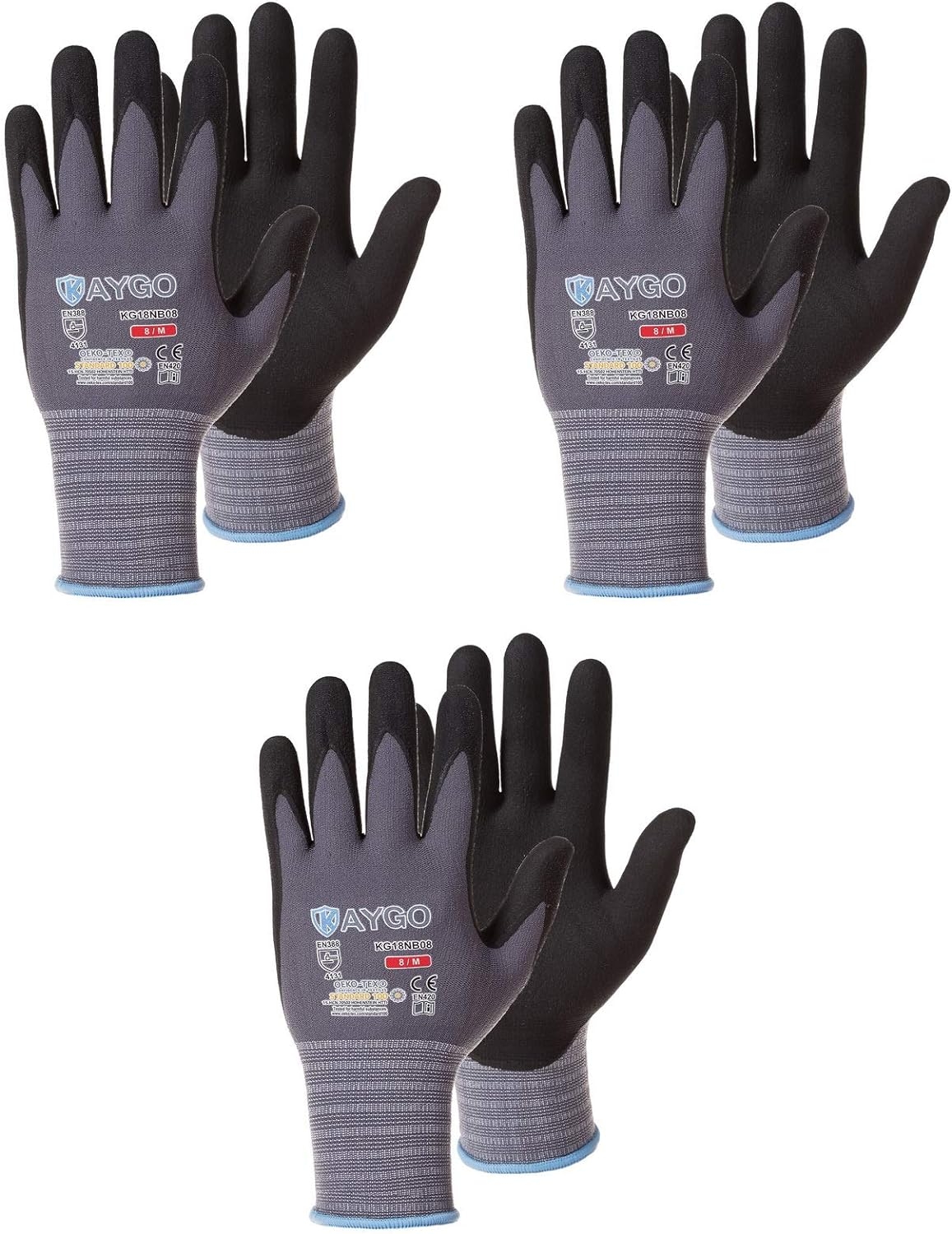 Safety Work Gloves MicroFoam Nitrile Coated-3 Pairs,KAYGO KG18NB,Seamless Knit Nylon Glove with Black Micro-Foam Nitrile Grip,Ideal for General Purpose,Automotive,Home Improvement