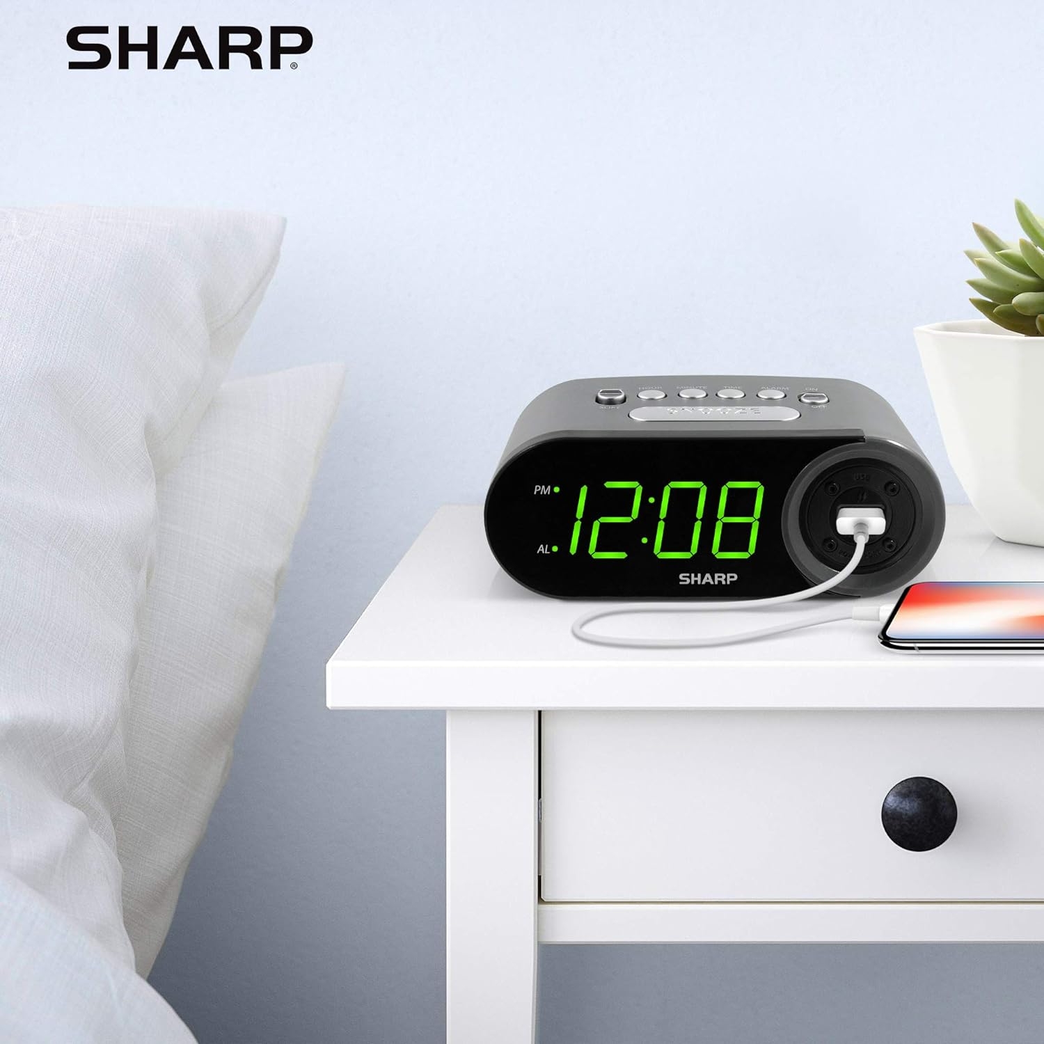 SHARP Digital Easy to Read Alarm Clock with 2 AMP High-Speed USB Charging Power Port - Charge Your Phone, Tablet with a high Speed Charge! Simple, Easy to Use Operation, Black – Green LEDs