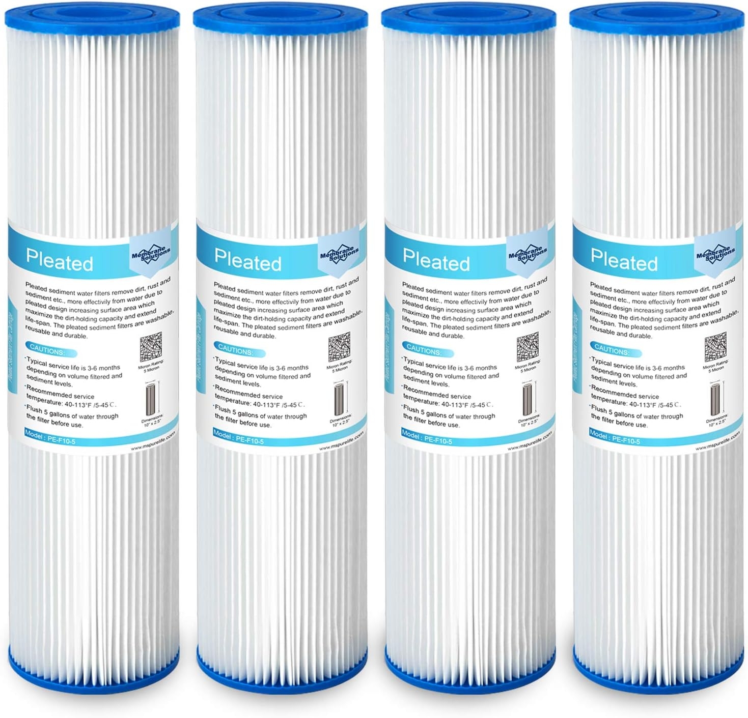 Membrane Solutions 5 Micron Pleated Polyester Sediment Water Filter 10"x2.5" Replacement Cartridge Universal Whole House Pre-Filter Compatible with W50PE, WFPFC3002, SPC-25-1050, FM-50-975 - 4 Pack