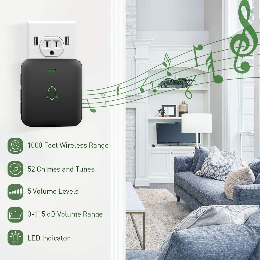 Wireless Door Bell, AVANTEK CB-21 Mini Waterproof Wireless Doorbell Operating at Over 1000 Feet, 2 Remote Buttons Can Have Different Tones, 52 Melodies, CD Quality Sound and LED Flash