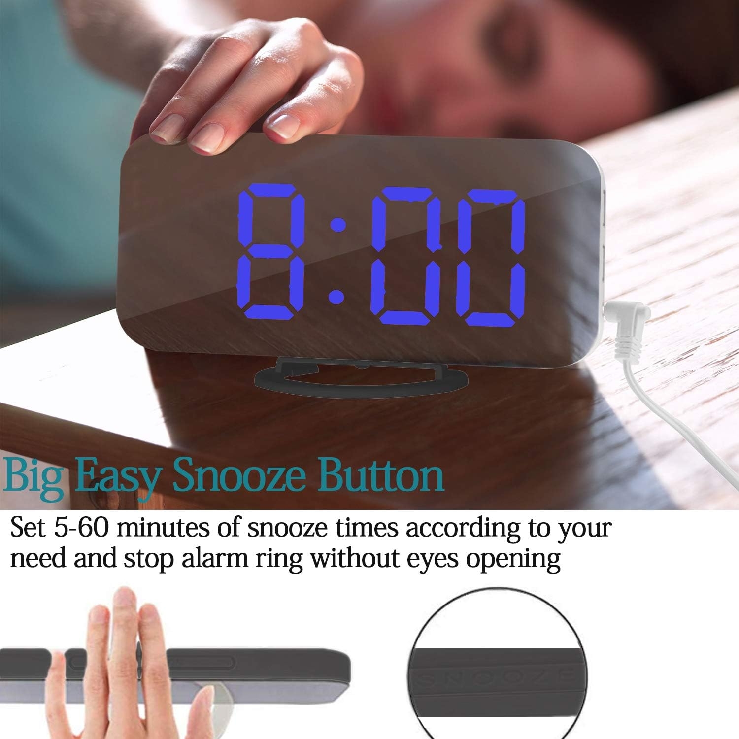 Digital Alarm Clock,Mirror Surface LED Electronic Clocks,with USB Charger,Snooze Model, Auto/Custom Brightness,for Office Table Bedroom Nightstand(Black-Blue)