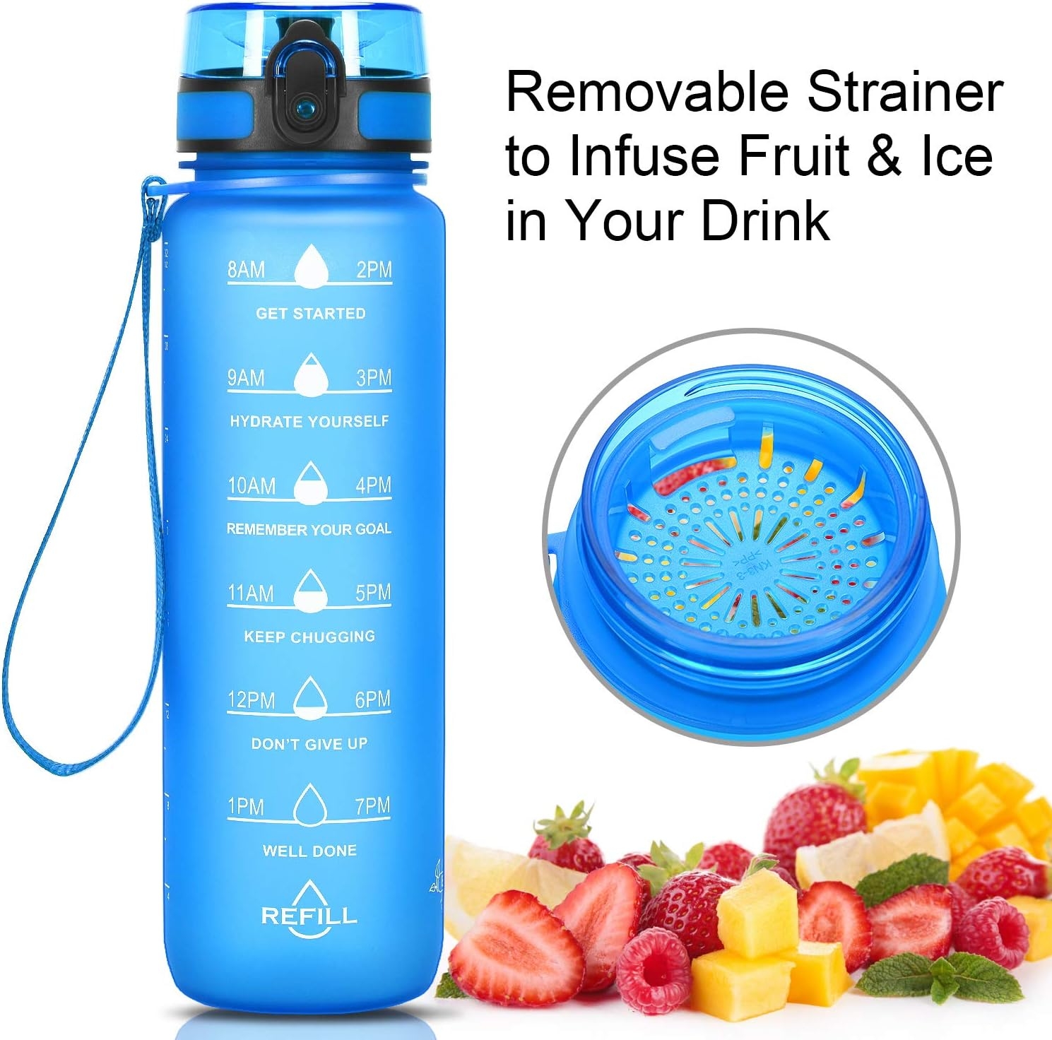 Favofit Water Bottle with Time Marker, 32 oz Motivational Water Bottle with Strainer & Cleaning Brush, Reusable & BPA Free Tritan Water Bottle for Sports & Fitness