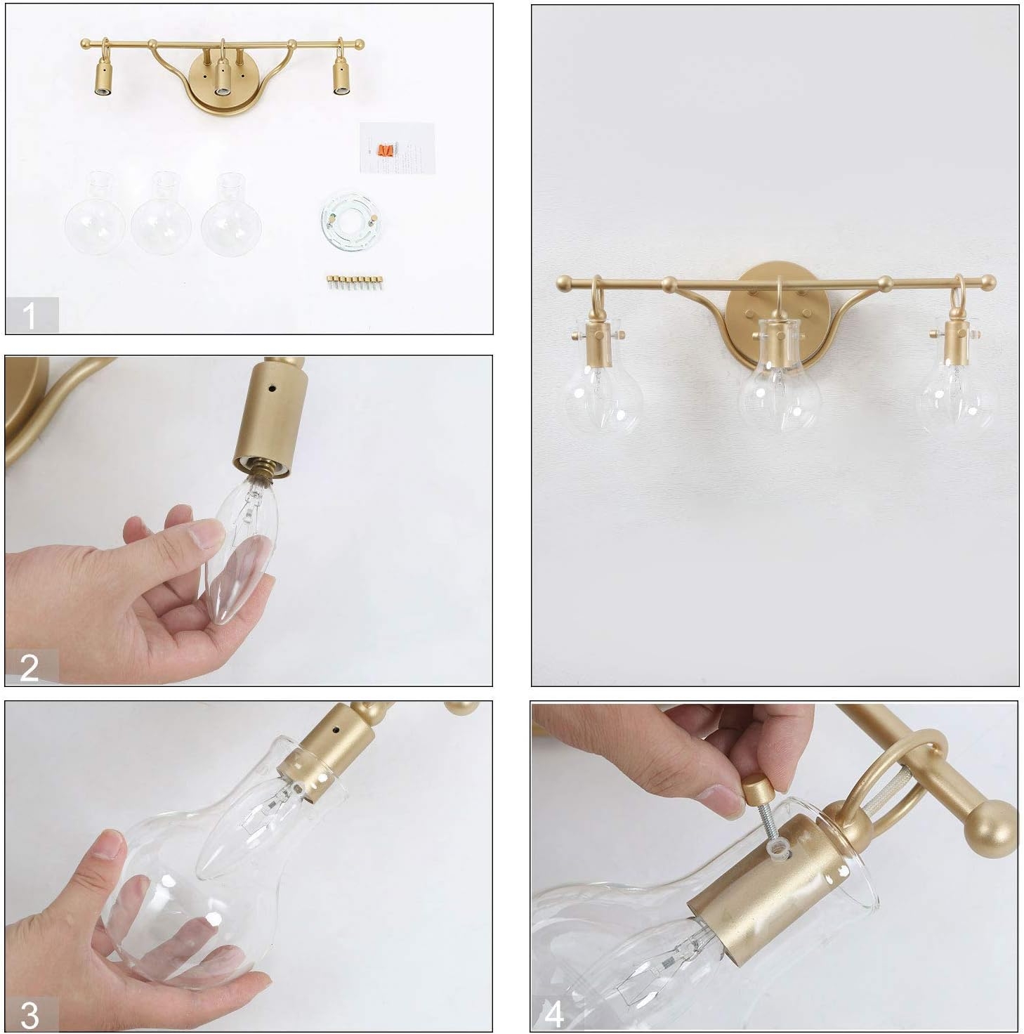 KSANA Gold Bathroom Light Fixtures, 3-Light Vanity Light Fixtures with Clear Glass