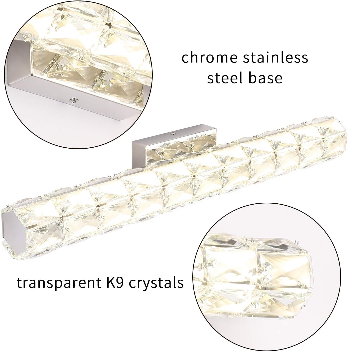 Joossnwell Dimmable Crystal LED Vanity Light, Wall Sconce Lighting Fixtures with Chrome Polished, 4000K Natural White Light