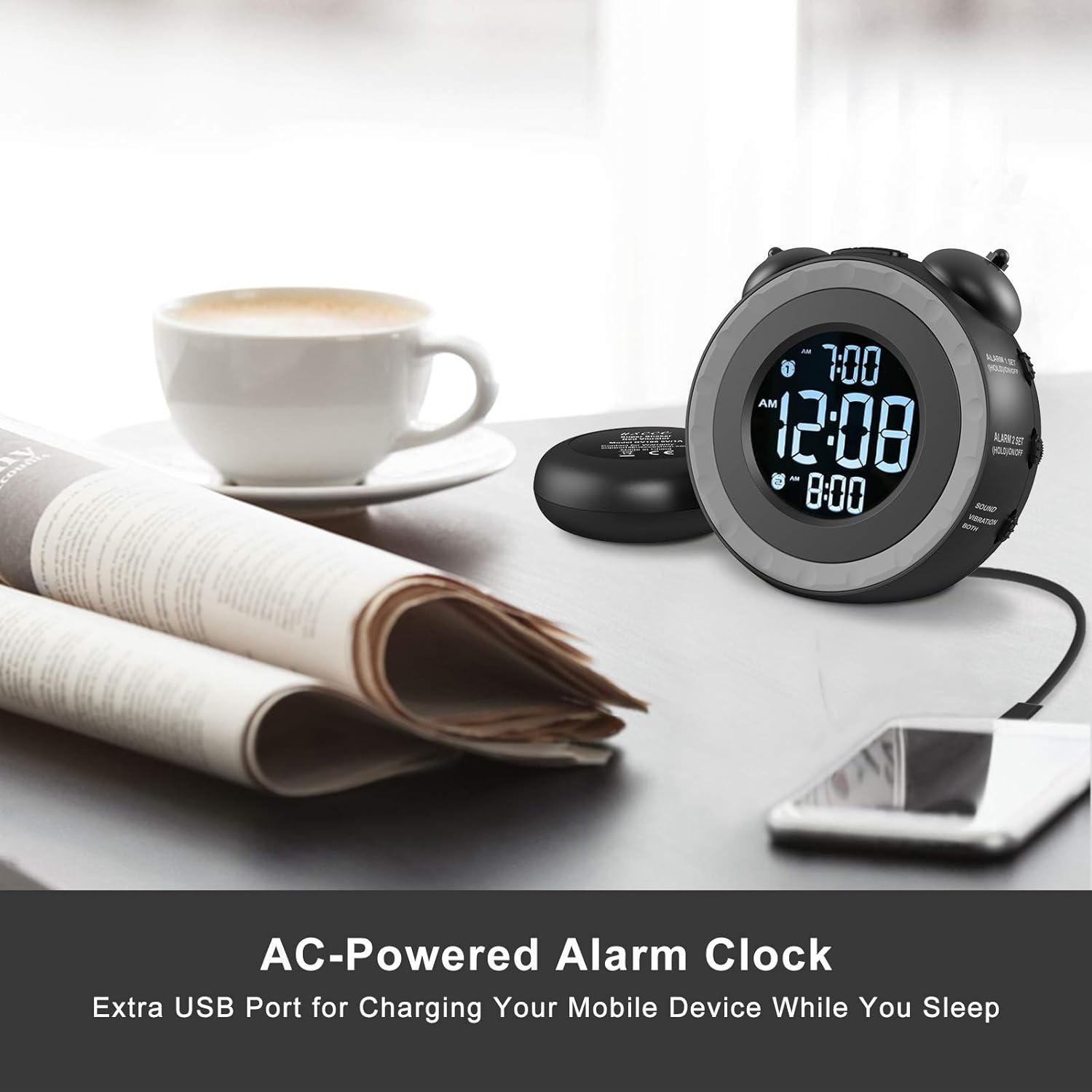 USCCE Loud Dual Alarm Clock with Bed Shaker - 0-100% Dimmer, Vibrating Alarm Clock for Heavy Sleepers or Hearing Impaired, Easy to Set, USB Charging Port, Snooze, Battery Backup