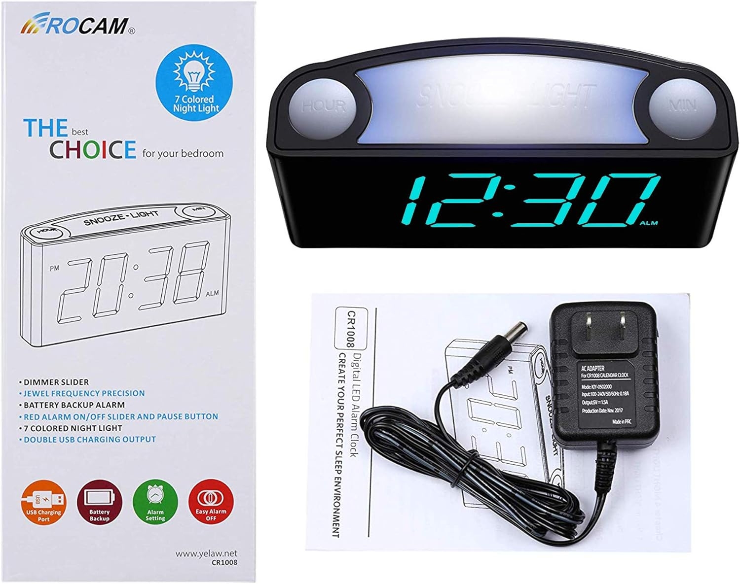 Rocam Digital Alarm Clock for Bedrooms - Large 7" LED Display with Dimmer, Snooze, 7 Color Night Light, Easy to Set, USB Chargers, Battery Backup, 12/24 Hour for Kids, Boys, Heavy Sleepers(Blue)