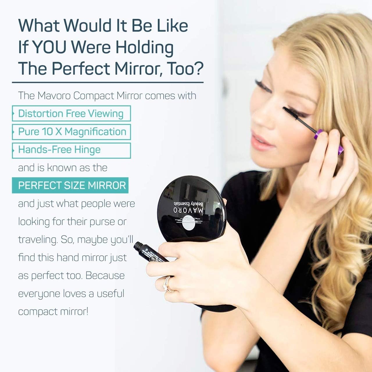 Magnifying Compact Mirror for Purses, 1x/10x Magnification – Double Sided Travel Makeup Mirror, 4 Inch Small Pocket or Purse Mirror. Distortion Free Folding Portable Compact Mirrors (Black)