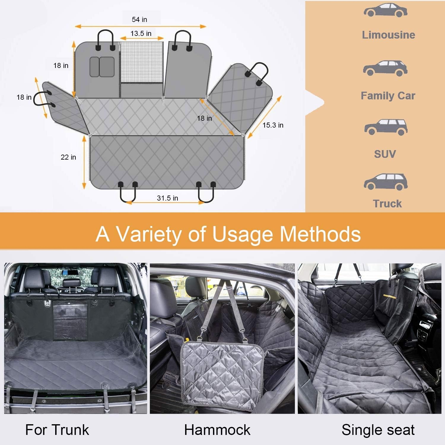 Dog Car Seat Cover for Back Seat, Waterproof Dogs Hammock with Mesh Window and Pet Seat Belt, Back Seat Protector for Cars, Trucks, SUVs, Jeep