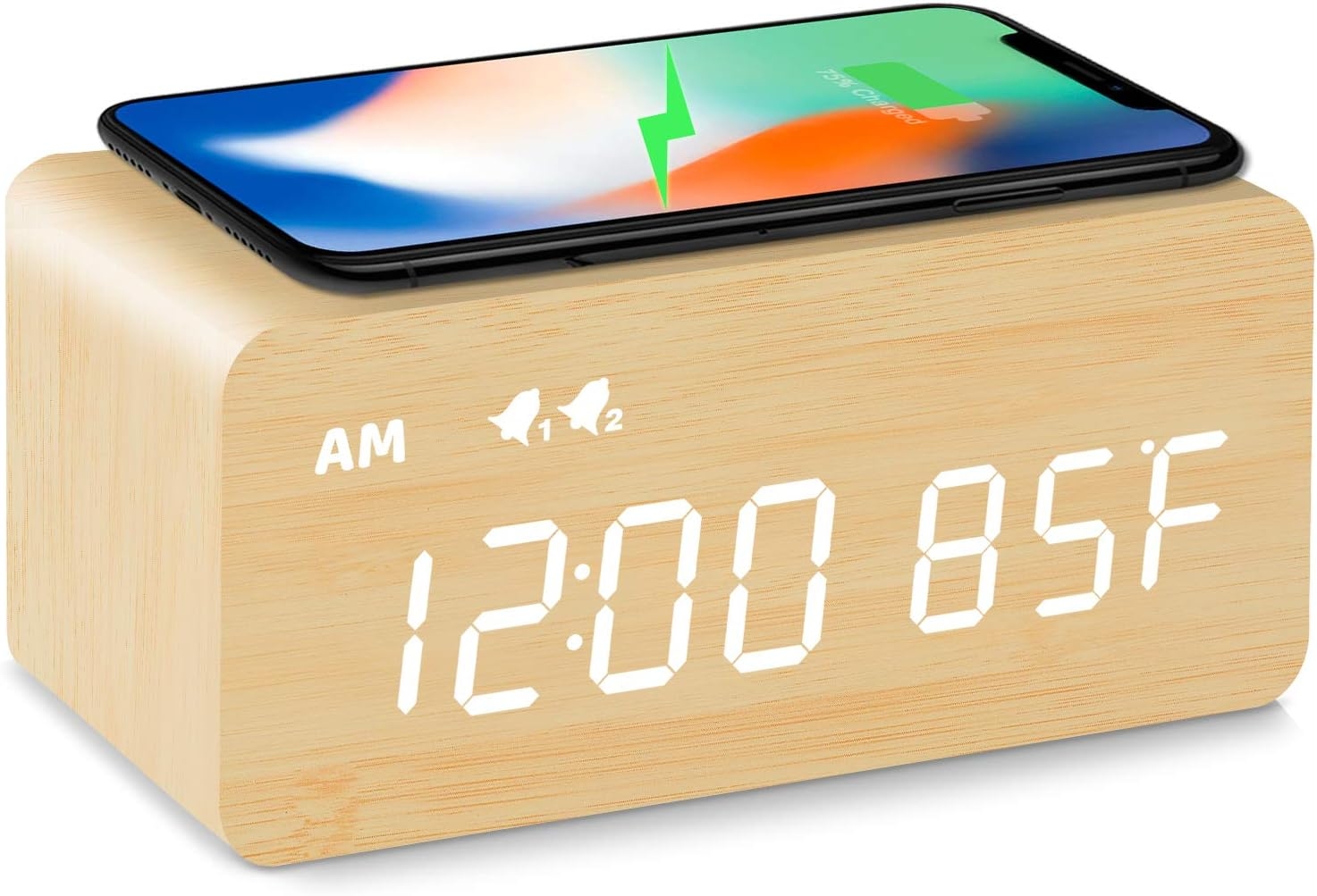 MOSITO Digital Wooden Alarm Clock with Wireless Charging, 0-100% Dimmer, Dual Alarm, Weekday /Weekend Mode, Snooze, Wood LED Clocks for Bedroom, Bedside, Desk, Kids (Bamboo)