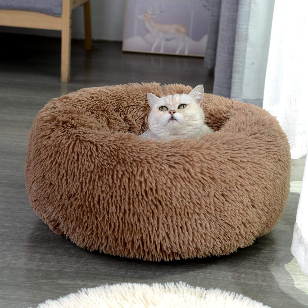 BAROMGA Cat Dog Bed Plush Fluffy Donut Cuddler Pillow Washable Round Cushion Deep Sleep Ergonomic Contour Mattress Calming Long Faux Fur Dog Beds Coffee S