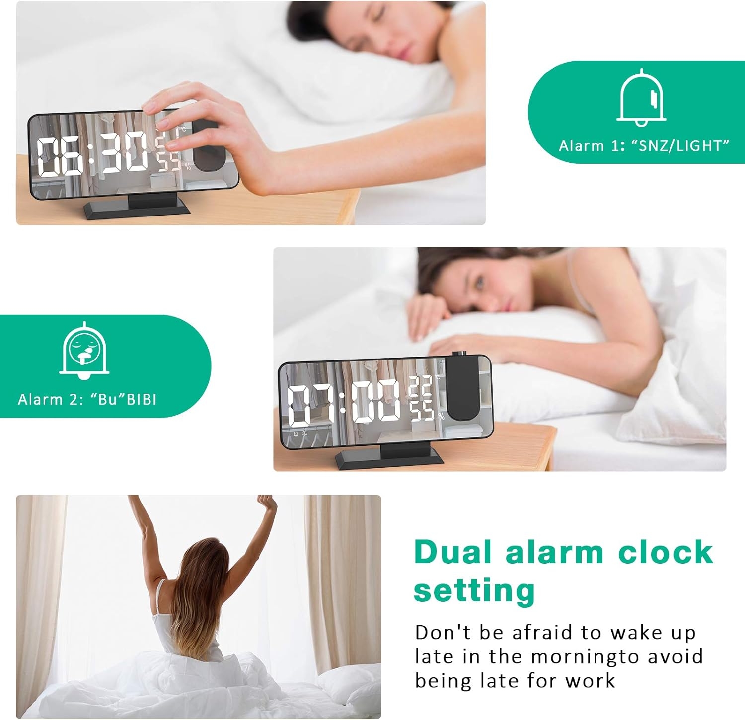 Alarm Clock for Bedroom, Radio Digital Alarm Clock with USB Charger, 7.4" Large Mirror LED Display Projection Alarm Clock, Auto Dimmer Mode, Easy Snooze, Dual Loud Smart Alarm Clock for Heavy Sleepers