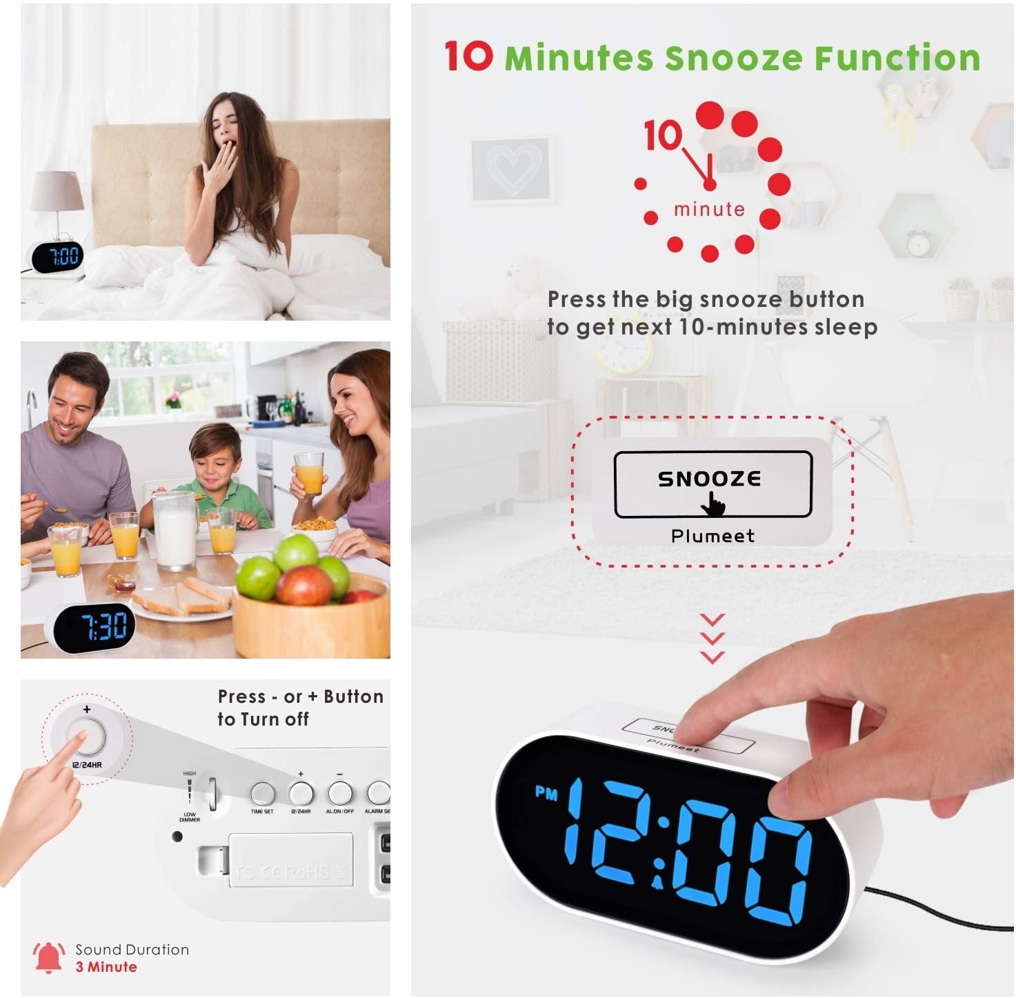 LED Alarm Clock - Plumeet Digital Clocks with Adjustable Brightness Dimmer and Alarm Volume - Blue Digit Display 12-24 Hrs - Kids Clocks with Snooze USB Port Phone Charger (Baby Blue)