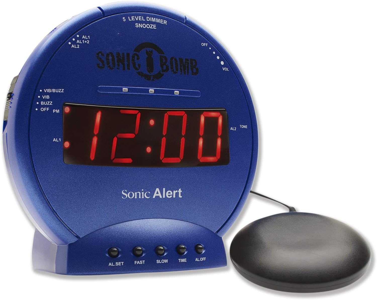 Sonic Bomb Dual Alarm Clock with Bed Shaker, Blue | Sonic Alert Vibrating Alarm Clock Heavy Sleepers, Battery Backup | Wake with a Shake