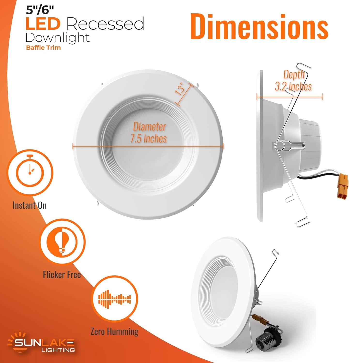 SunLake Lighting 12 Pack 5/6 Inch LED Recessed Downlight, Baffle Trim, Dimmable, 4000K Cool White, 12W=75W, 1080 LM, Wet Rated Waterproof, Retrofit Kit, UL + Energy Star