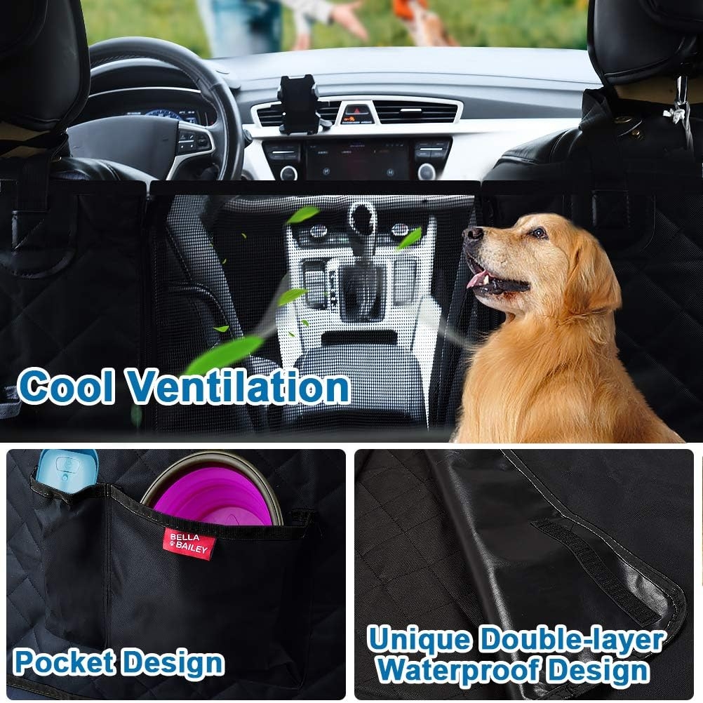 bellabailey Dog Car Seat Cover Waterproof with Mesh Window, 1 Removable Pad, 2 Dog Selt Belts Machine Washable - Dog Back Seat Cover Scratch Proof Nonslip Hammock for Cars/Trucks/SUVs