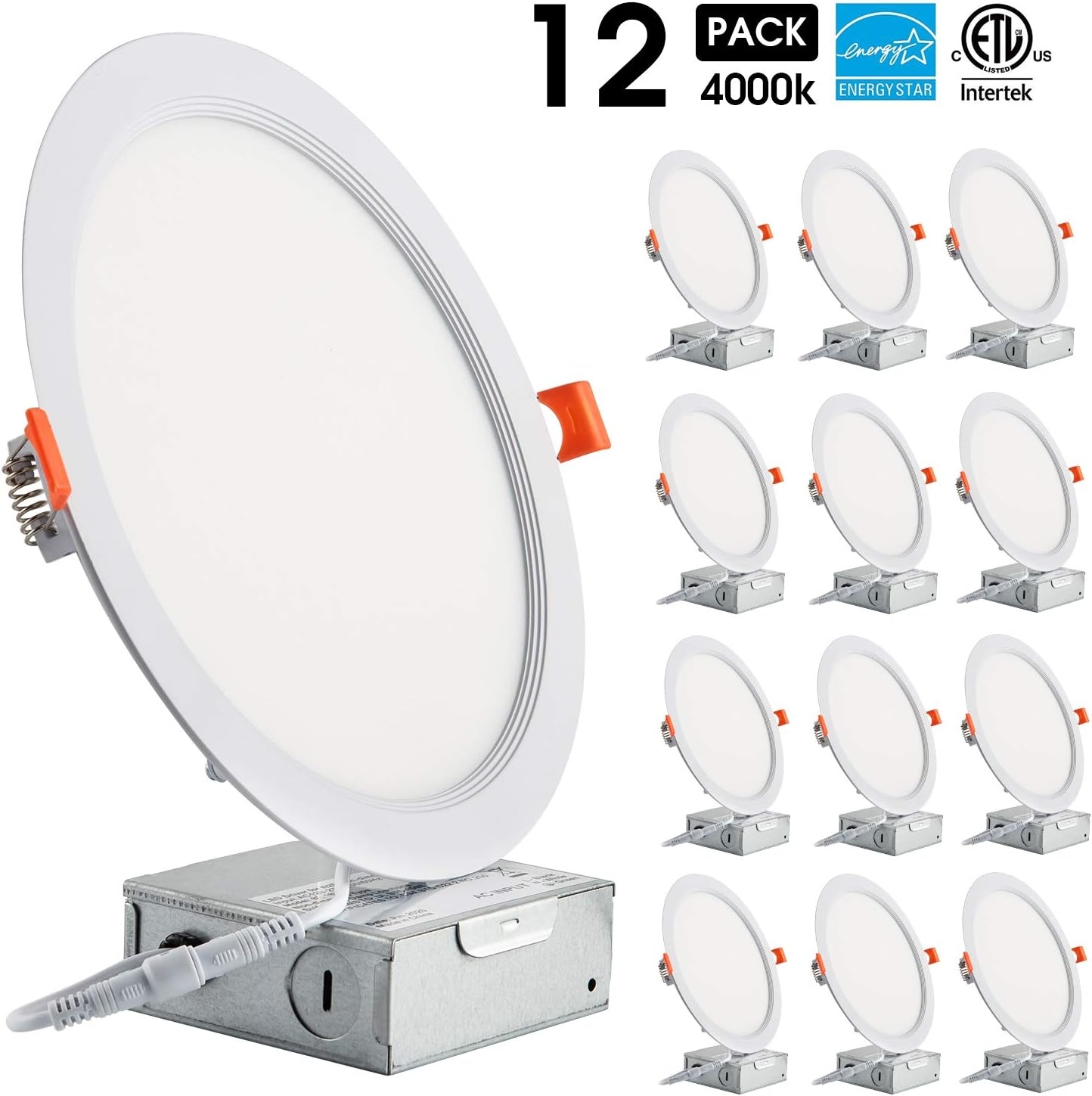 8 Inch Ultra Thin LED Panel Lighting,4000K Neutral White Recessed Ceiling Lighting, 1800LM UL Listed Cable Housing & Trim Kits Downlight（12 Pack ）