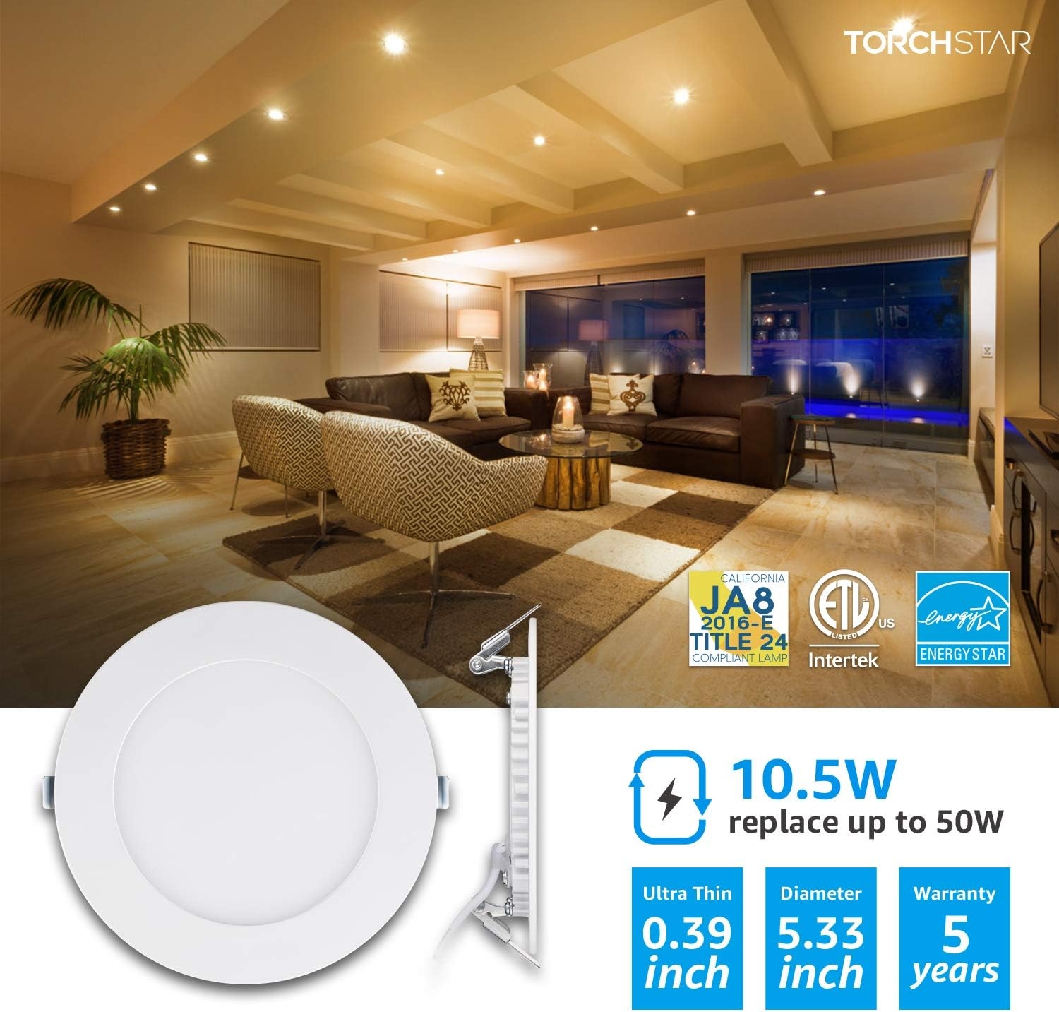 TORCHSTAR 10.5W 4-Inch Slim LED Recessed Light with J-Box, 2700K Soft White Dimmable Panel Downlight, CRI90, 680lm, ETL & Energy Star, White, Pack of 6
