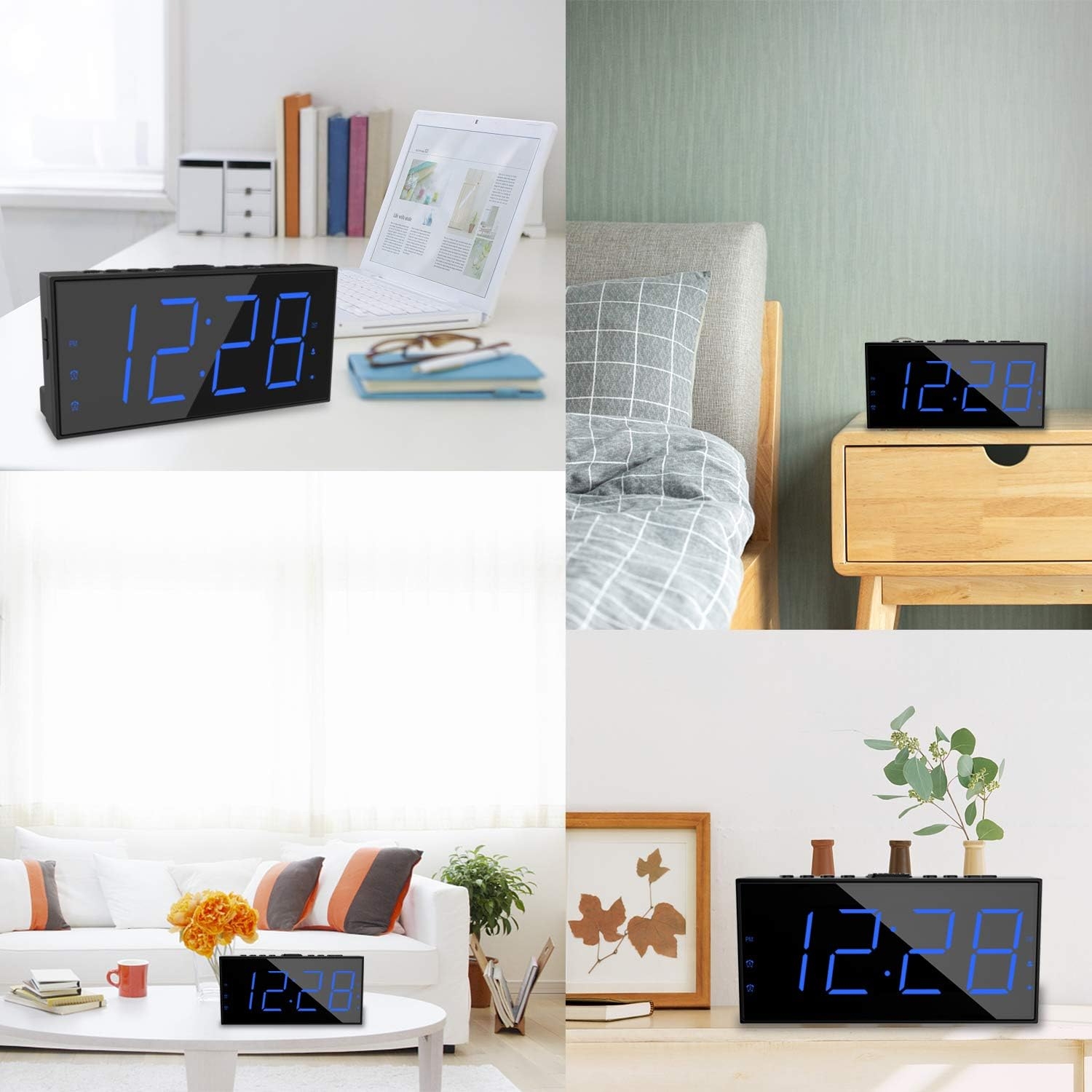 Loud Alarm Clock Vibrating with Bed Shaker for Heavy Sleepers Deaf and Hard of Hearing，Dual Alarm Clock with USB Charger, 7.5'' Large Display, Dimmer, Snooze & Battery Backup ( Blue)