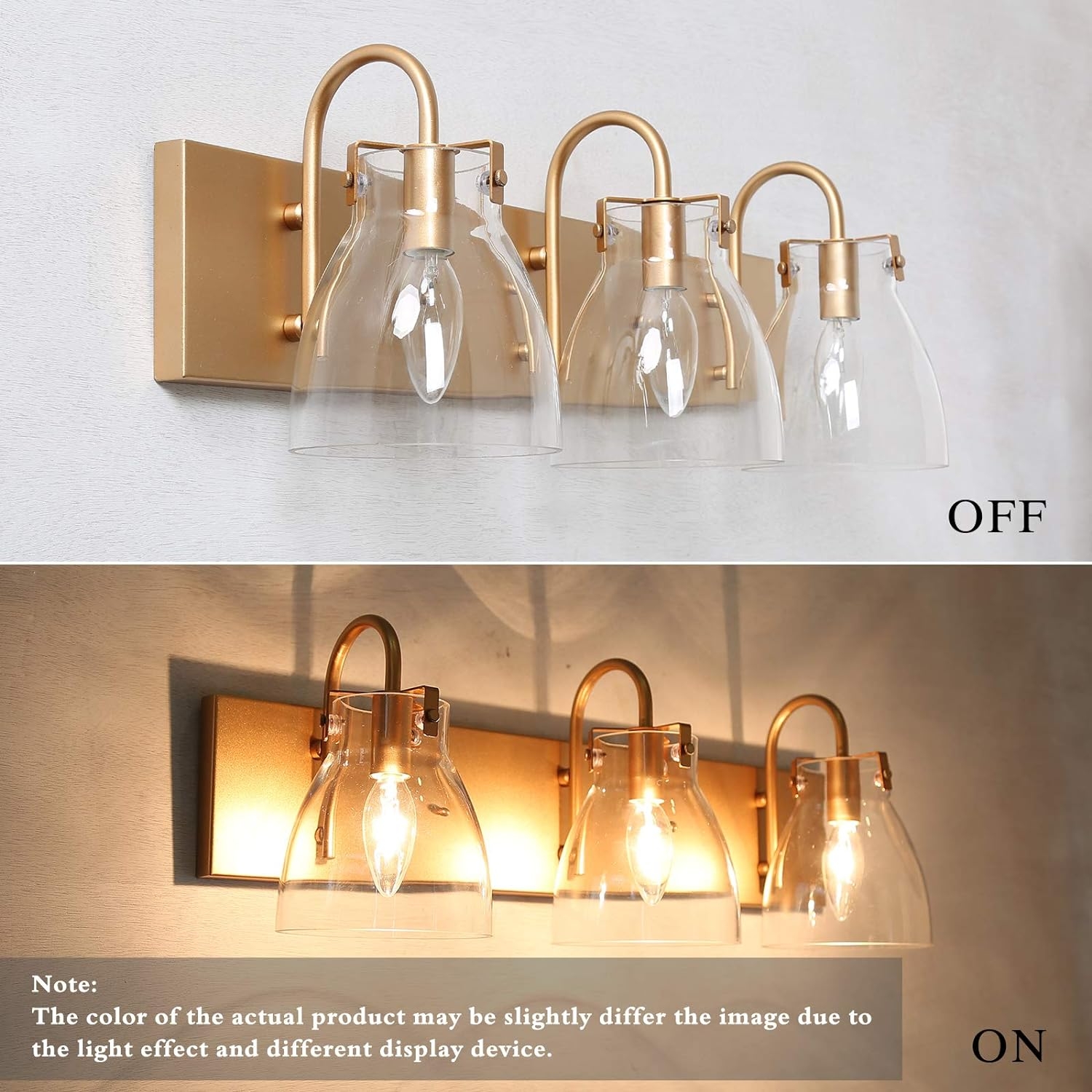 KSANA 3-Light Modern Vanity Light Fixture, Brass Bathroom Lighting with Clear Glass Shades, 22” L