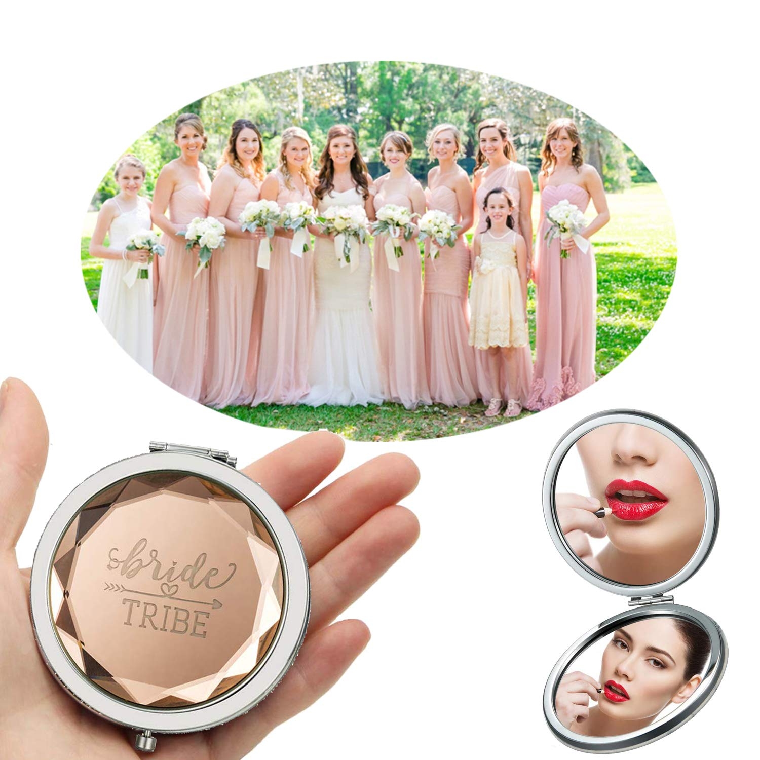 Cuterui Bridesmaid Gifts Bride Tribe Compact Makeup Mirrors for Bachelorette Bridal Shower Gifts(Pack of 6,Champagne)