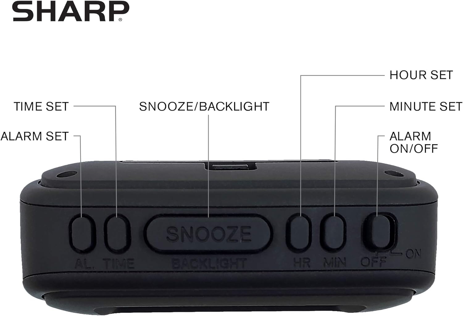 SHARP Digital Alarm Clock – Tactile Case with Soft Rubberized Finish - Battery Operated – Blue Backlight on Demand – Ascending Alarm – Easy to Use - Black