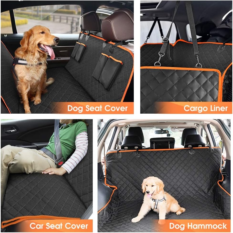 Dog Seat Cover for Back Seat, Waterproof Dog Hammock Scratchproof Pet Seat Covers with 4 Bags Side Flaps & 2 Dog Seat Belts, Washable Nonslip Seat Protector for Cars Trucks and SUVs